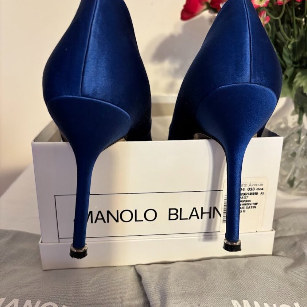 Manolo Blahnik Hangisi Jeweled Heel Blue Satin Pump Shoes - size 8.5 - Picture 5 of 16